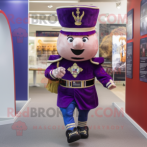 Purple British Royal Guard mascot costume character dressed with a Running Shorts and Keychains