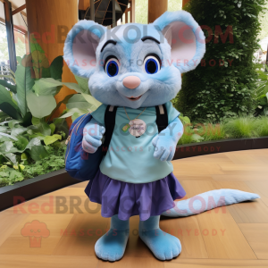 Blue Dormouse mascot costume character dressed with a Pleated Skirt and Backpacks