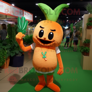 Peach Carrot mascot costume character dressed with a V-Neck Tee and Shoe laces