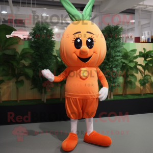 Peach Carrot mascot costume character dressed with a V-Neck Tee and Shoe laces