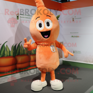 Peach Carrot mascot costume character dressed with a V-Neck Tee and Shoe laces