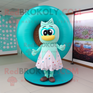 Turquoise Donut mascot costume character dressed with a Skirt and Earrings