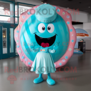 Turquoise Donut mascot costume character dressed with a Skirt and Earrings