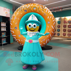 Turquoise Donut mascot costume character dressed with a Skirt and Earrings