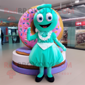 Turquoise Donut mascot costume character dressed with a Skirt and Earrings