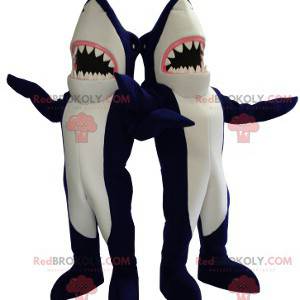 2 gigantiska blå och vita hajmaskoter - Redbrokoly.com