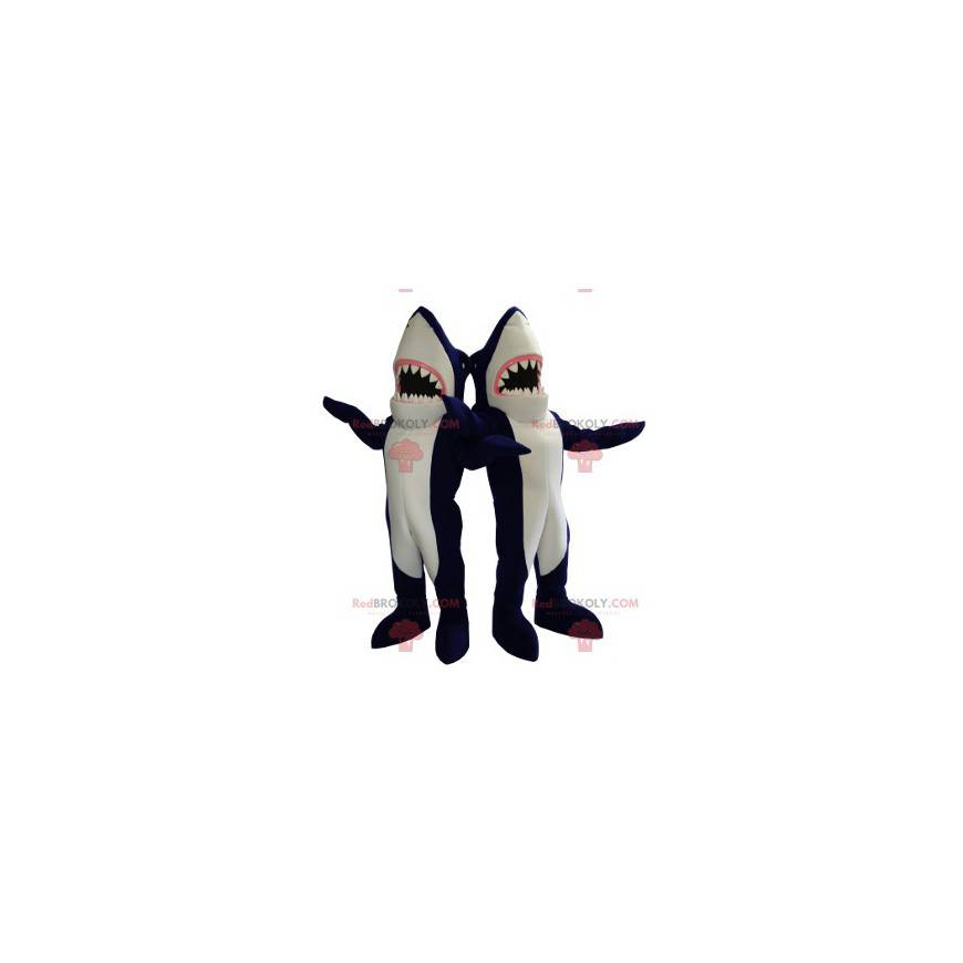 2 riesige Maskottchen mit blauen und weißen Haien - 2 riesige Maskottchen mit blauen und weißen Haien -