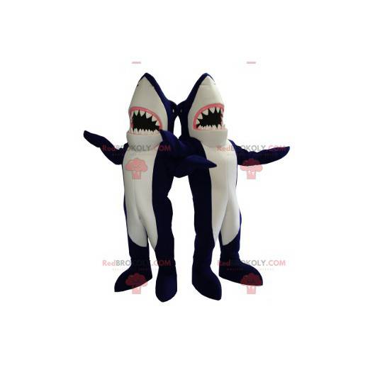 2 giant blue and white shark mascots - Redbrokoly.com