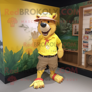 Yellow Wild Boar mascot costume character dressed with a Cargo Shorts and Hat pins