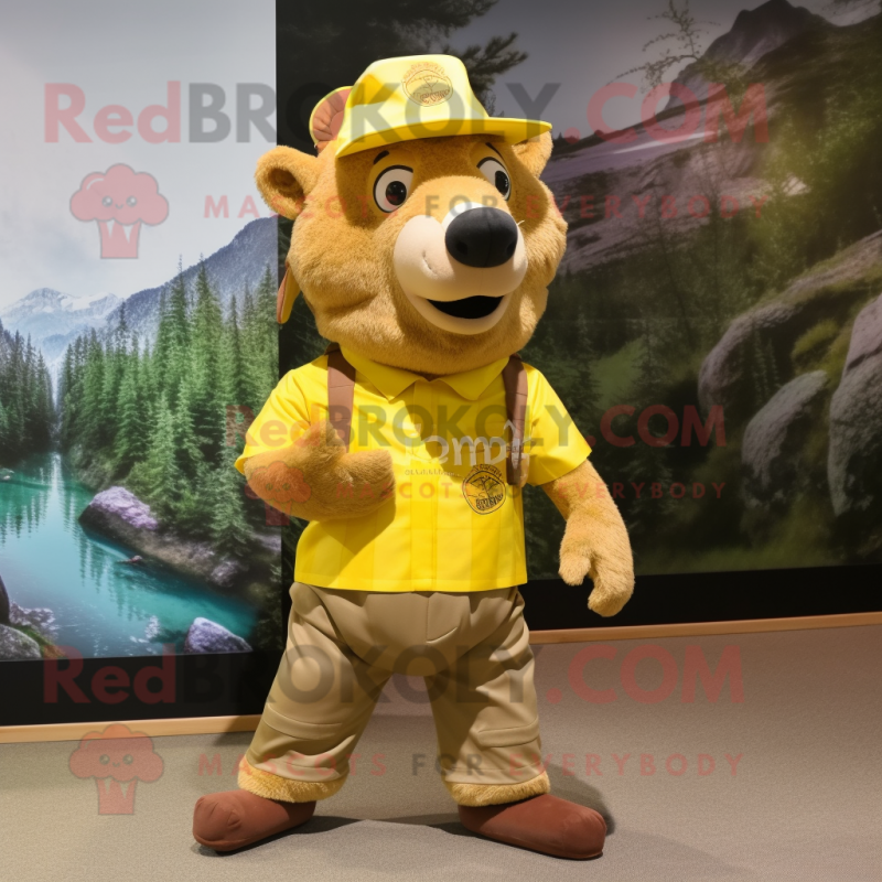 Yellow Wild Boar mascot costume character dressed with a Cargo Shorts and Hat pins