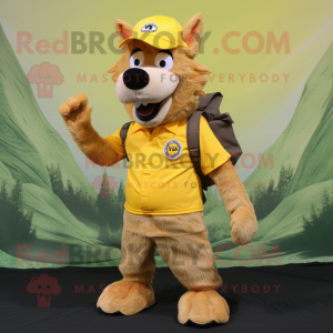 Yellow Wild Boar mascot costume character dressed with a Cargo Shorts and Hat pins