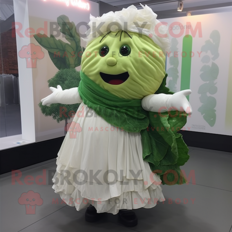 White Cabbage Leaf mascot costume character dressed with a Wrap Skirt and Scarf clips White Cabbage Leaf mascot costume character dressed with a Wrap Skirt and Scarf clips