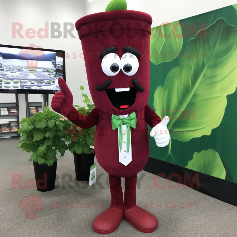 Maroon Celery mascot costume character dressed with a Polo Shirt and Tie pins Maroon Celery mascot costume character dressed with a Polo Shirt and Tie pins