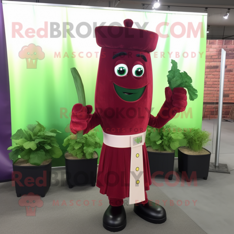 Maroon Celery mascot costume character dressed with a Polo Shirt and Tie pins Maroon Celery mascot costume character dressed with a Polo Shirt and Tie pins