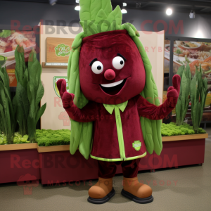 Maroon Celery mascot costume character dressed with a Polo Shirt and Tie pins