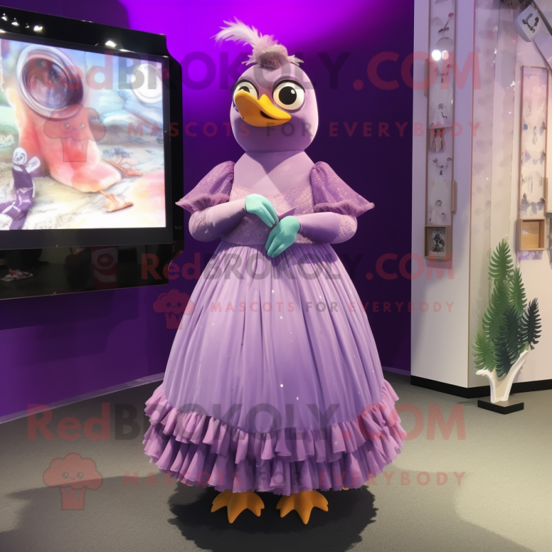 Purple Quail mascot costume character dressed with a Ball Gown and Watches