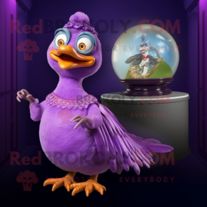 Purple Quail mascot costume character dressed with a Ball Gown and Watches