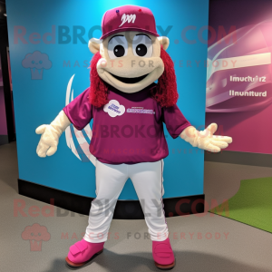 Magenta Cod mascot costume character dressed with a Baseball Tee and Shoe laces