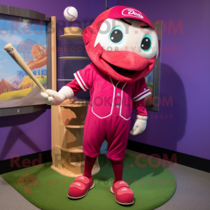 Magenta Cod mascot costume character dressed with a Baseball Tee and Shoe laces