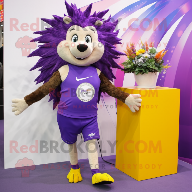 Purple Hedgehog mascot costume character dressed with a Running Shorts and Scarves Purple Hedgehog mascot costume character dressed with a Running Shorts and Scarves