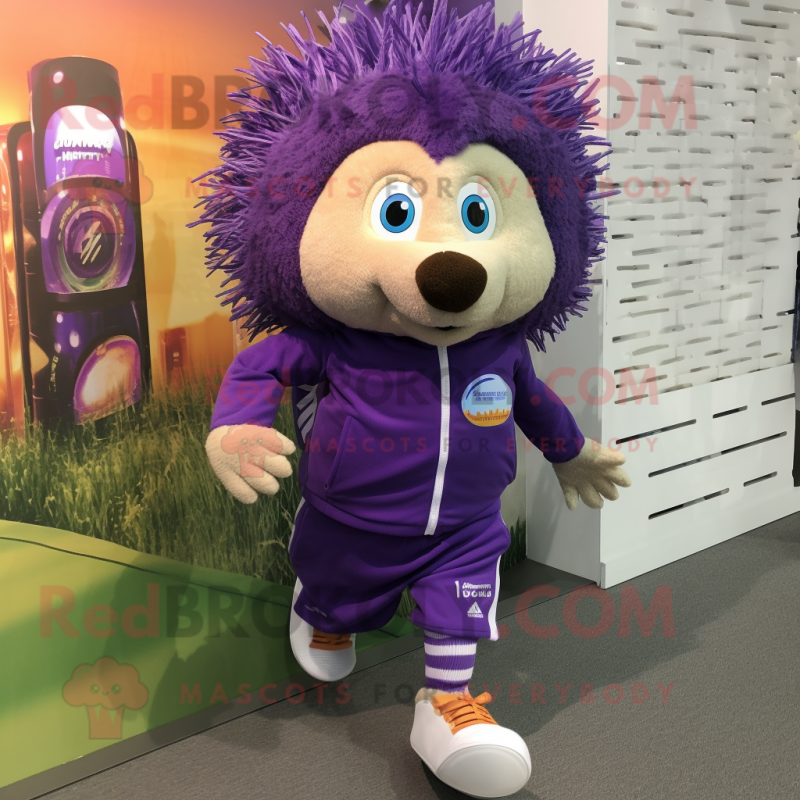 Purple Hedgehog mascot costume character dressed with a Running Shorts and Scarves Purple Hedgehog mascot costume character dressed with a Running Shorts and Scarves