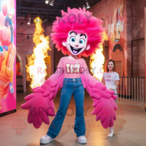 Pink Fire Eater mascot costume character dressed with a Mom Jeans and Hairpins