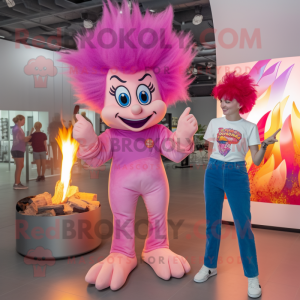 Pink Fire Eater mascot costume character dressed with a Mom Jeans and Hairpins