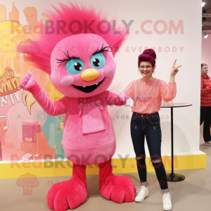 Pink Fire Eater mascot costume character dressed with a Mom Jeans and Hairpins