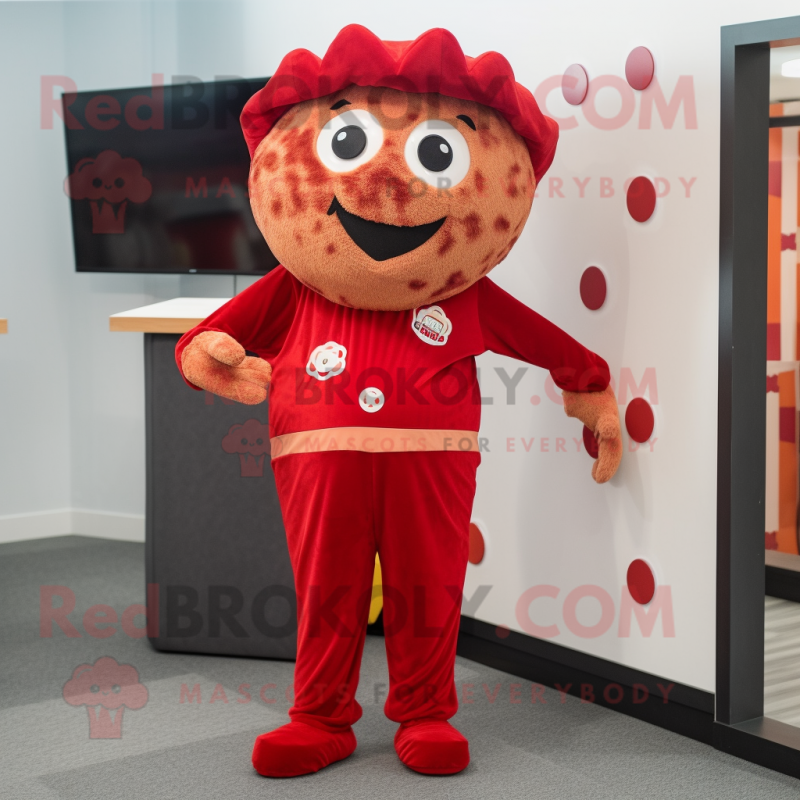 Red Pizza mascot costume character dressed with a Corduroy Pants and Hair clips