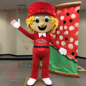 Red Pizza mascot costume character dressed with a Corduroy Pants and Hair clips