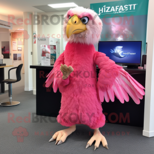 Pink Haast'S Eagle mascot costume character dressed with a Dress and Headbands