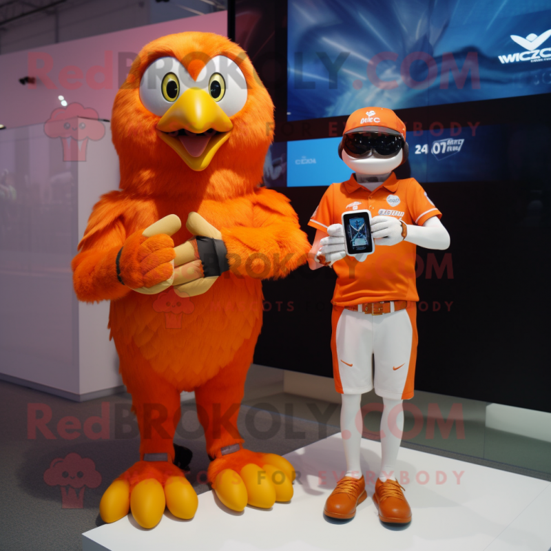 Orange Eagle mascot costume character dressed with a Mini Dress and Smartwatches Orange Eagle mascot costume character dressed with a Mini Dress and Smartwatches