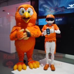 Orange Eagle mascot costume character dressed with a Mini Dress and Smartwatches