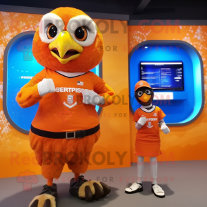 Orange Eagle mascot costume character dressed with a Mini Dress and Smartwatches
