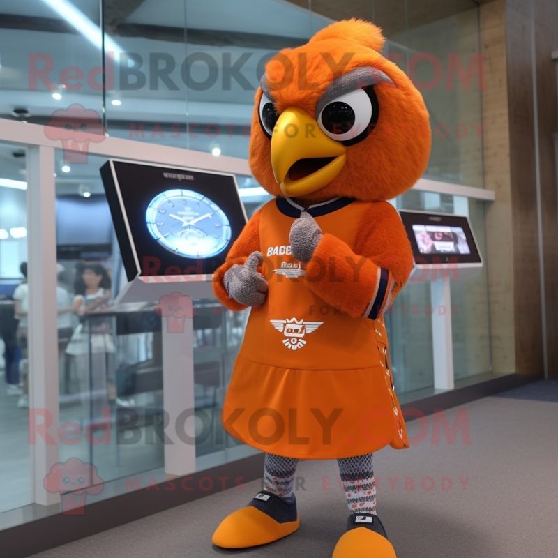 Orange Eagle mascot costume character dressed with a Mini Dress and Smartwatches