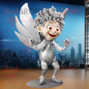 Silver Cupid mascot costume character dressed with a Culottes and Hairpins
