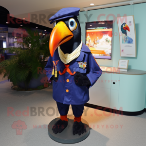 Navy Toucan mascot costume character dressed with a Parka and Cufflinks