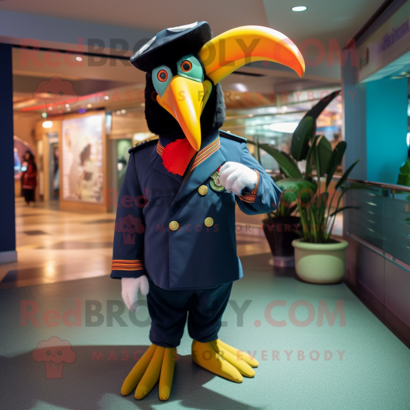 Navy Toucan mascot costume character dressed with a Parka and Cufflinks