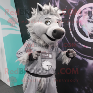 Silver Wild Boar mascot costume character dressed with a Midi Dress and Digital watches