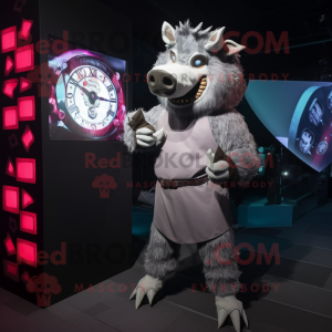 Silver Wild Boar mascot costume character dressed with a Midi Dress and Digital watches