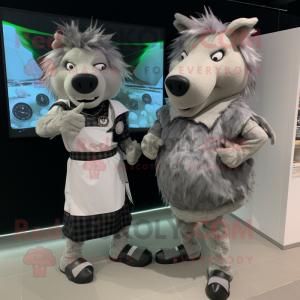 Silver Wild Boar mascot costume character dressed with a Midi Dress and Digital watches