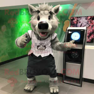 Silver Wild Boar mascot costume character dressed with a Midi Dress and Digital watches