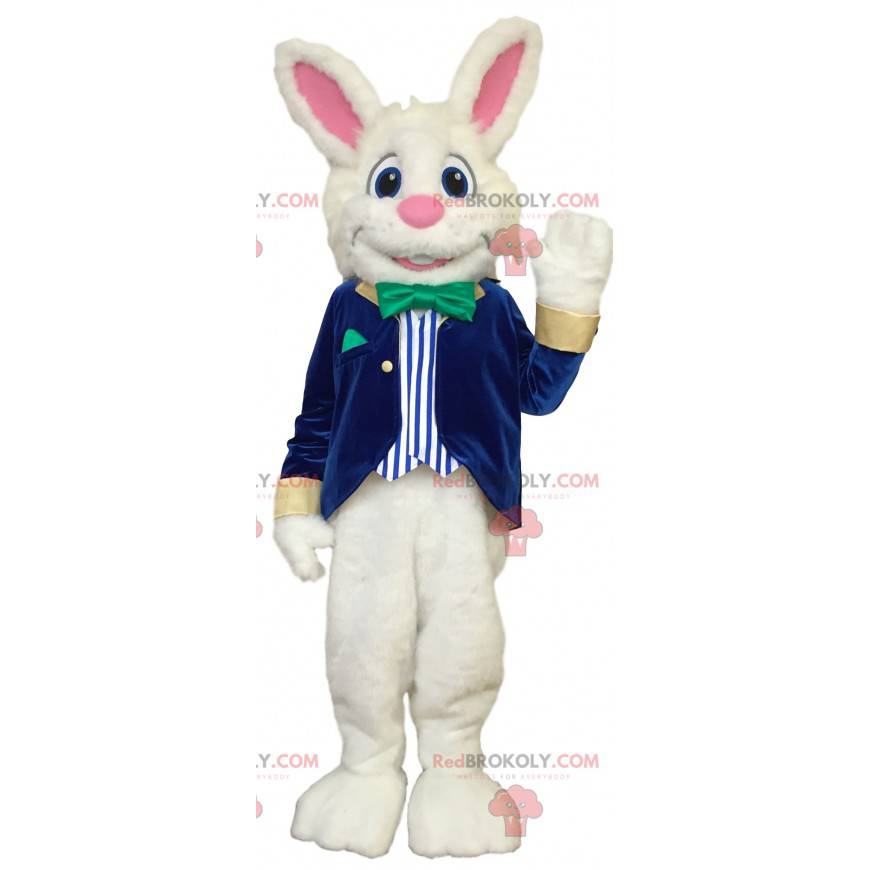 Cheerful white rabbit mascot in blue and white costume -