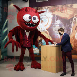 Maroon Spider mascot costume character dressed with a Blazer and Watches