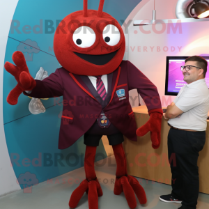 Maroon Spider mascot costume character dressed with a Blazer and Watches