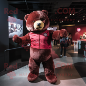 Maroon Teddy Bear mascot costume character dressed with a Bodysuit and Scarves
