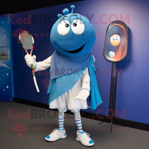 Blue Tennis Racket mascot costume character dressed with a Joggers and Shawl pins