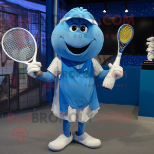 Blue Tennis Racket mascot costume character dressed with a Joggers and Shawl pins