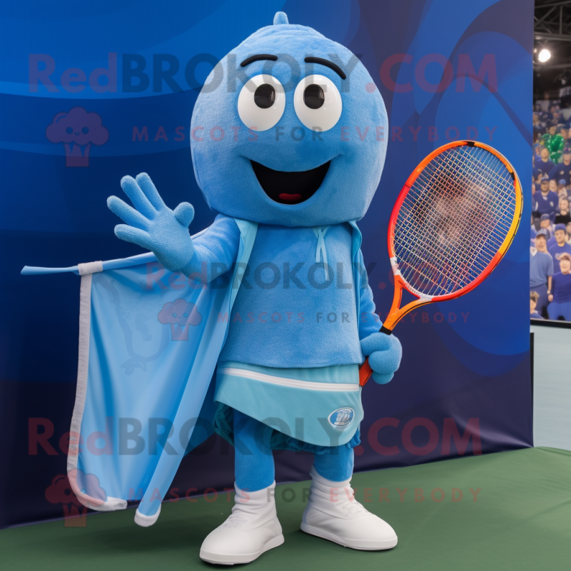 Blue Tennis Racket mascot costume character dressed with a Joggers and Shawl pins Blue Tennis Racket mascot costume character dressed with a Joggers and Shawl pins
