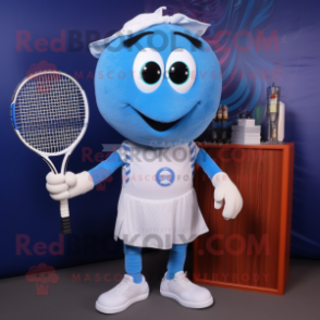 Blue Tennis Racket mascot costume character dressed with a Joggers and Shawl pins